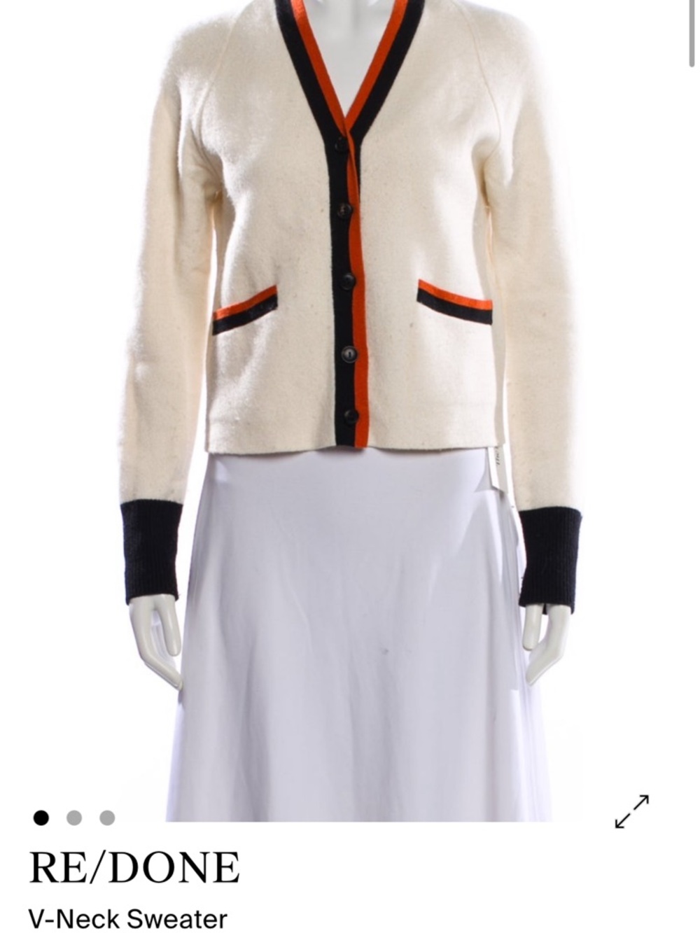 Re/Done Ivory V-Neck Cardigan with Black & Orange Trim